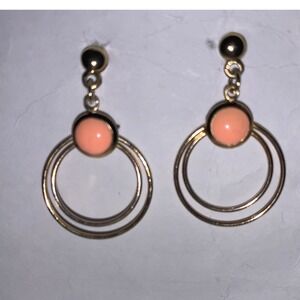 Vintage Style Peach Cabochon Double Hoop Gold Tone Drop Dangle Earring Post Back